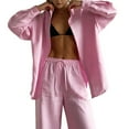 thumbnail image 1 of Women'S 2 Piece Sets-Linen Long Sleeve Shirts + Wide Leg Pants Vacation Outfits Matching Sets Pink L, 1 of 9