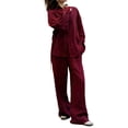 thumbnail image 1 of Women'S 2 Piece Sets-Linen Long Sleeve Shirts + Wide Leg Pants Vacation Outfits Matching Sets Wine Red L, 1 of 10