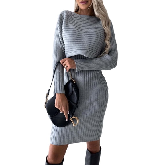 Women'S 2 Piece Sets Long-Sleeved Sweater Round-Neck Knitted Crop Top and V-Neck Slim Midi Dress Grey M