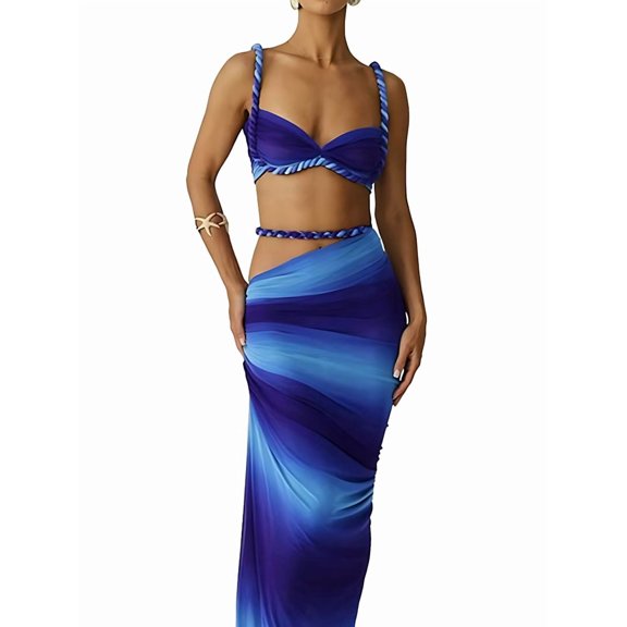 Women'S 2 Piece Sets Summer Beach Sexy- Ruched Backless - Top and Cut Out Skirt Night Out Dress Blue L
