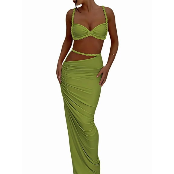 Women'S 2 Piece Sets Summer Beach Sexy- Ruched Backless - Top and Cut Out Skirt Night Out Dress Green S