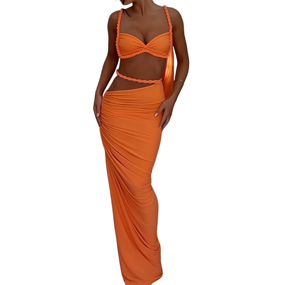 Women'S 2 Piece Sets Summer Beach Sexy- Ruched Backless - Top and Cut Out Skirt Night Out Dress Orange Color M