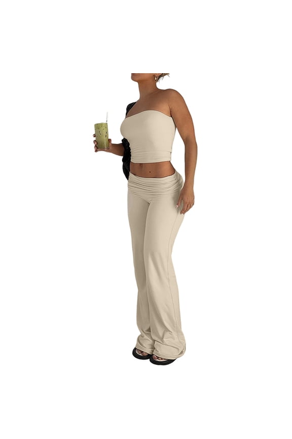 Women'S 2 Piece Sets Summer Strapless Crop Tube Tops Flare Leggings Pants Matching Outfit Sets Color S