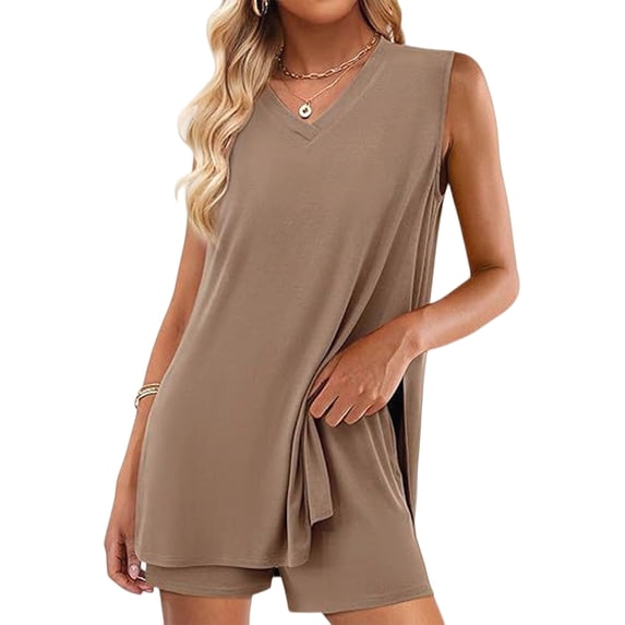 Women'S 2 Piece Shorts Sets V Neck Long Tank Tops High Waisted Loose Fit Matching Travel Outfits Khaki S