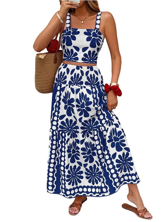 Women'S 2 Piece Skirt Sets Print Top High Waist Maxi Skirt Womens Fashion Vacation Outfits L