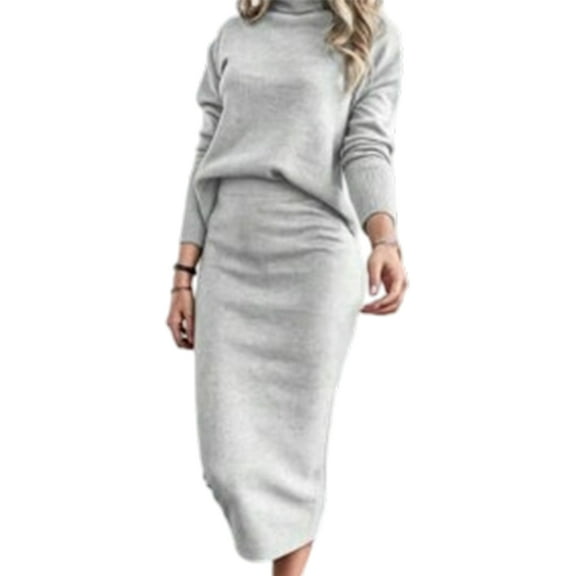 Women'S 2 Piece Skirts Sets Sweater Long Sleeve Knit Tops Midi Skirt Travel Matching Outfits Fall Gray White XL