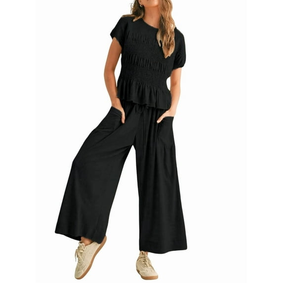 Women'S 2-Piece Smocked Top & Wide-Leg Pants Set-High-Waisted Lounge Outfit with Pockets Casual Boho Set Black L