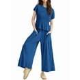 thumbnail image 1 of Women'S 2-Piece Smocked Top & Wide-Leg Pants Set-High-Waisted Lounge Outfit with Pockets Casual Boho Set Blue M, 1 of 4