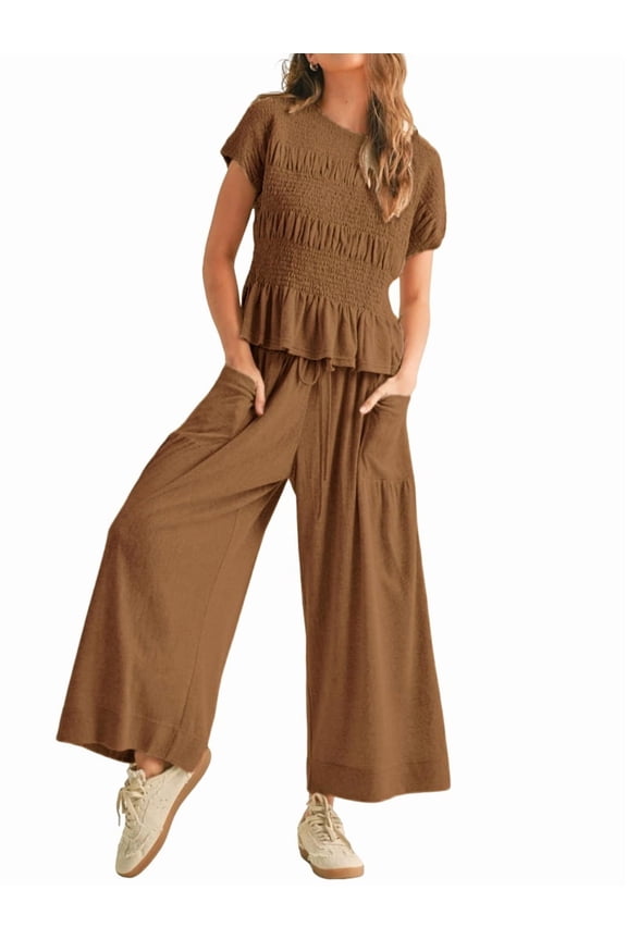 Women'S 2-Piece Smocked Top & Wide-Leg Pants Set-High-Waisted Lounge Outfit with Pockets Casual Boho Set Dark Brown M