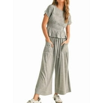 Women'S 2-Piece Smocked Top & Wide-Leg Pants Set-High-Waisted Lounge Outfit with Pockets Casual Boho Set Grey M