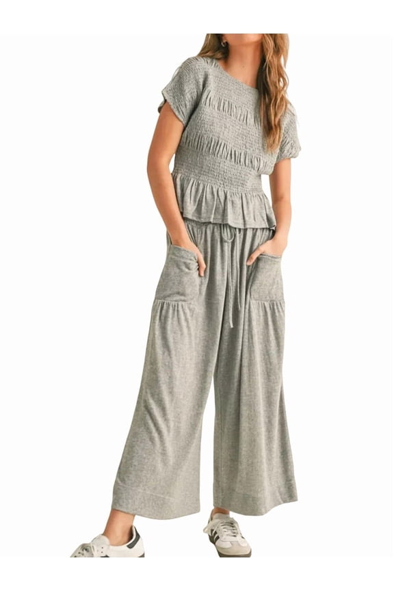 Women'S 2-Piece Smocked Top & Wide-Leg Pants Set-High-Waisted Lounge Outfit with Pockets Casual Boho Set Grey M