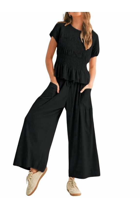 Women'S 2-Piece Smocked Top & Wide-Leg Pants Set-High-Waisted Lounge Outfit with Pockets Casual Boho Set