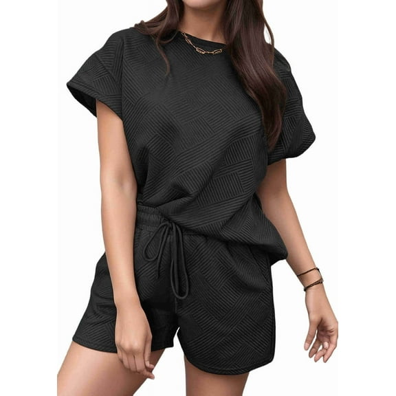 Women'S 2 Piece Solid Color Round Neck Casual Textured Fabric Short Sleeve Pajamas Sweatsuit Set Black L