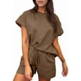 thumbnail image 1 of Women'S 2 Piece Solid Color Round Neck Casual Textured Fabric Short Sleeve Pajamas Sweatsuit Set Coffee Color XXL, 1 of 7