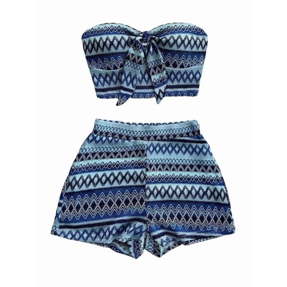 Women'S 2 Piece Striped Set Off Shoulder Tops and Shorts Summer Two Piece Going Out Beach Vacation Blue L