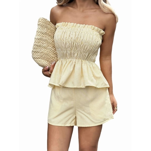 Women'S 2 Piece Striped Shirred Ruffle Strapless Bandeau Tops and Shorts Set