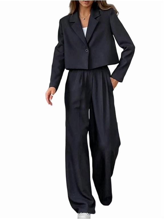 Women'S 2 Piece Suit Set Cropped Blazer Wide Leg Pants Business Casual Outfits Work Office Clothes Dark Gray M