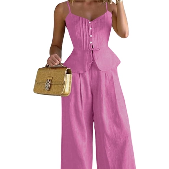 Women'S 2 Piece Summer Outfit Button Down Peplum Top and Wide Leg Pants Set Pink S