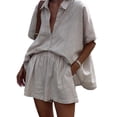 thumbnail image 1 of Women'S 2 Piece Summer Outfits Striped Short Sleeve Button Down Shirt and Shorts Matching Set, 1 of 9