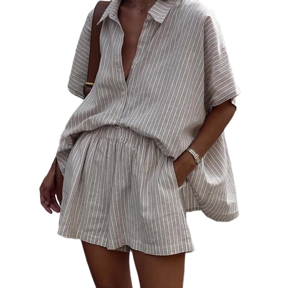 Women'S 2 Piece Summer Outfits Striped Short Sleeve Button Down Shirt and Shorts Matching Set