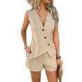 thumbnail image 1 of Women's Linen Shorts Set with Button Down Shirt Vest 2-Piece Summer Vacation Outfit Khaki L, 1 of 6