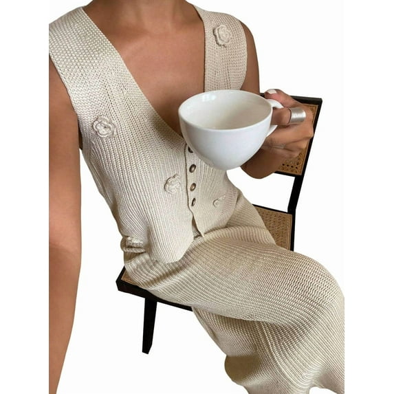 Women'S 2 Piece Sweater Skirt Sets Sleeveless V Neck Knit Ribbed Vest Tops Midi Skirt M