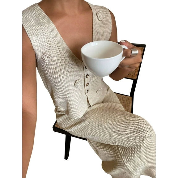 Women'S 2 Piece Sweater Skirt Sets Sleeveless V Neck Knit Ribbed Vest Tops Midi Skirt  S