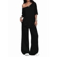 thumbnail image 1 of Women'S 2 Piece Travel Outfits Casual Short Sleeve Knit Sweater Set Wide Leg Pants Lounge Sets Black XL, 1 of 8
