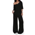 thumbnail image 1 of Women'S 2 Piece Travel Outfits Casual Short Sleeve Knit Sweater Set Wide Leg Pants Lounge Sets Black XL, 1 of 8
