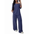 thumbnail image 1 of Women'S 2 Piece Travel Outfits Casual Short Sleeve Knit Sweater Set Wide Leg Pants Lounge Sets Dark Blue S, 1 of 8