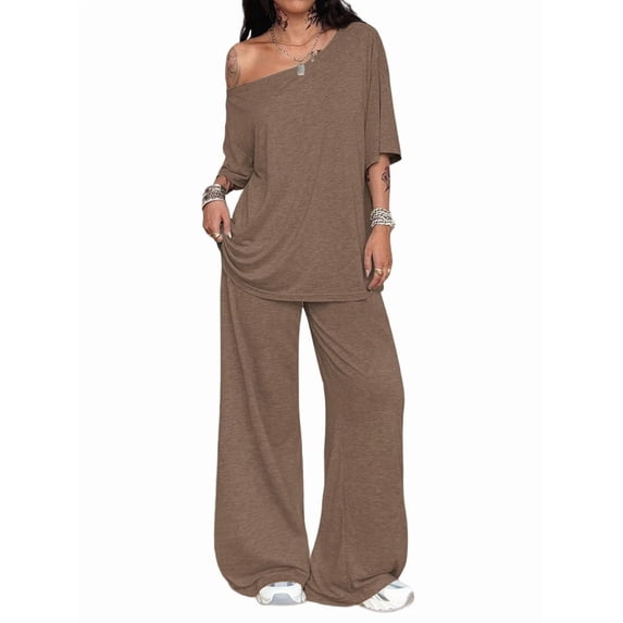 Women'S 2 Piece Travel Outfits Casual Short Sleeve Knit Sweater Set Wide Leg Pants Lounge Sets Dark Brown L