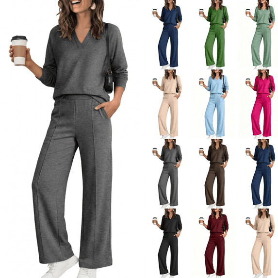 Women'S 2 Piece V Neck Lounge Set Matching Sweatsuits Lounge Sets For Women Airport Travel Outfits Comfy Athleisure Fall Winter Clothes Wide Leg Palazzo Pants