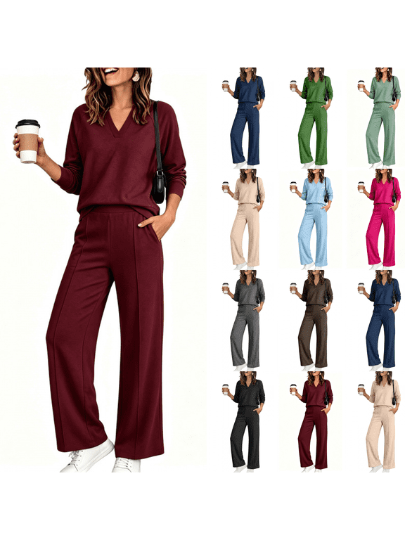 Women'S 2 Piece V Neck Lounge Set Matching Sweatsuits Lounge Sets For Women Airport Travel Outfits Comfy Athleisure Fall Winter Clothes Wide Leg Palazzo Pants