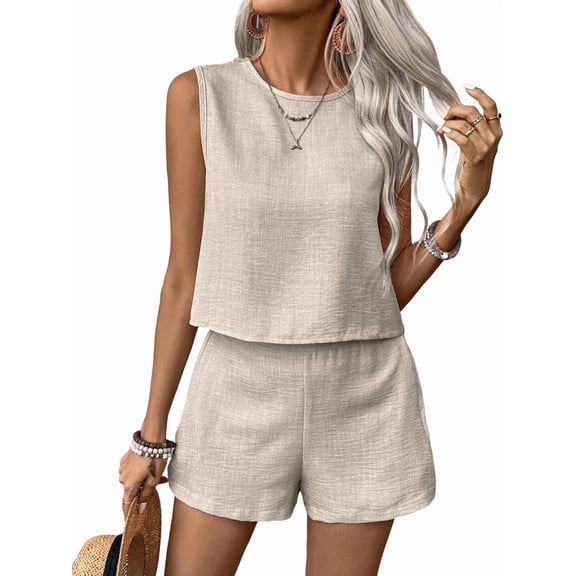 Women'S 2 Piece Vacation Outfits Sleeveless Tank Top and Matching Shorts Sets Khaki S