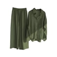 thumbnail image 1 of Women'S 2 Pieces Cotton Linen Loungewear Button Down Shirt and Wide-Leg Pants Set Green M, 1 of 4