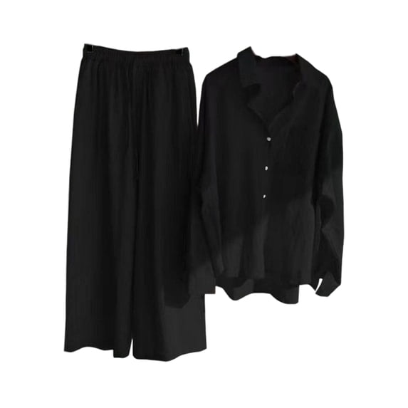 Women'S 2 Pieces Cotton Linen Loungewear Button Down Shirt and Wide-Leg Pants Set