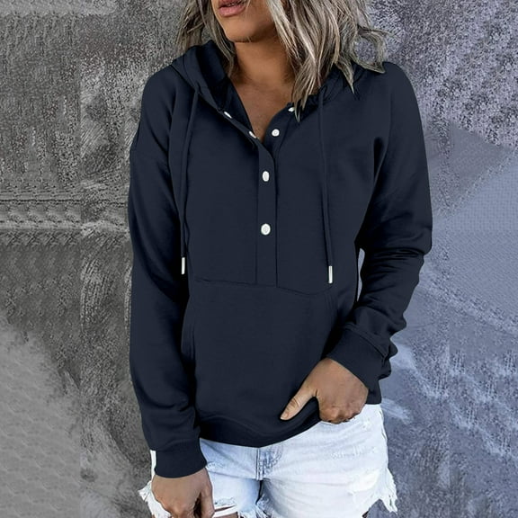 Women'S 2024 Hoodie Autumn Solid Color Sweatshirt Button Collar Drawstring Hooded Pullover Casual Long Sleeve Shirt With Pocket Navy M