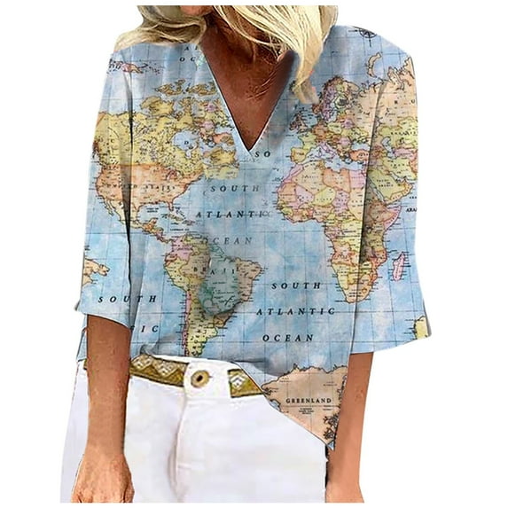 Women'S 2024 New Summer Casual T Shirts Lapel Button Shirt World Map Print Half Sleeve Loose Tops Female Breathable trendy Tshirt