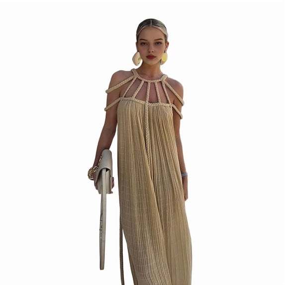 Women'S 2024 Summer Rope Knot Halter Party Dress Beige One size