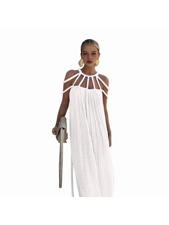 Women'S 2024 Summer Rope Knot Halter Party Dress White One size