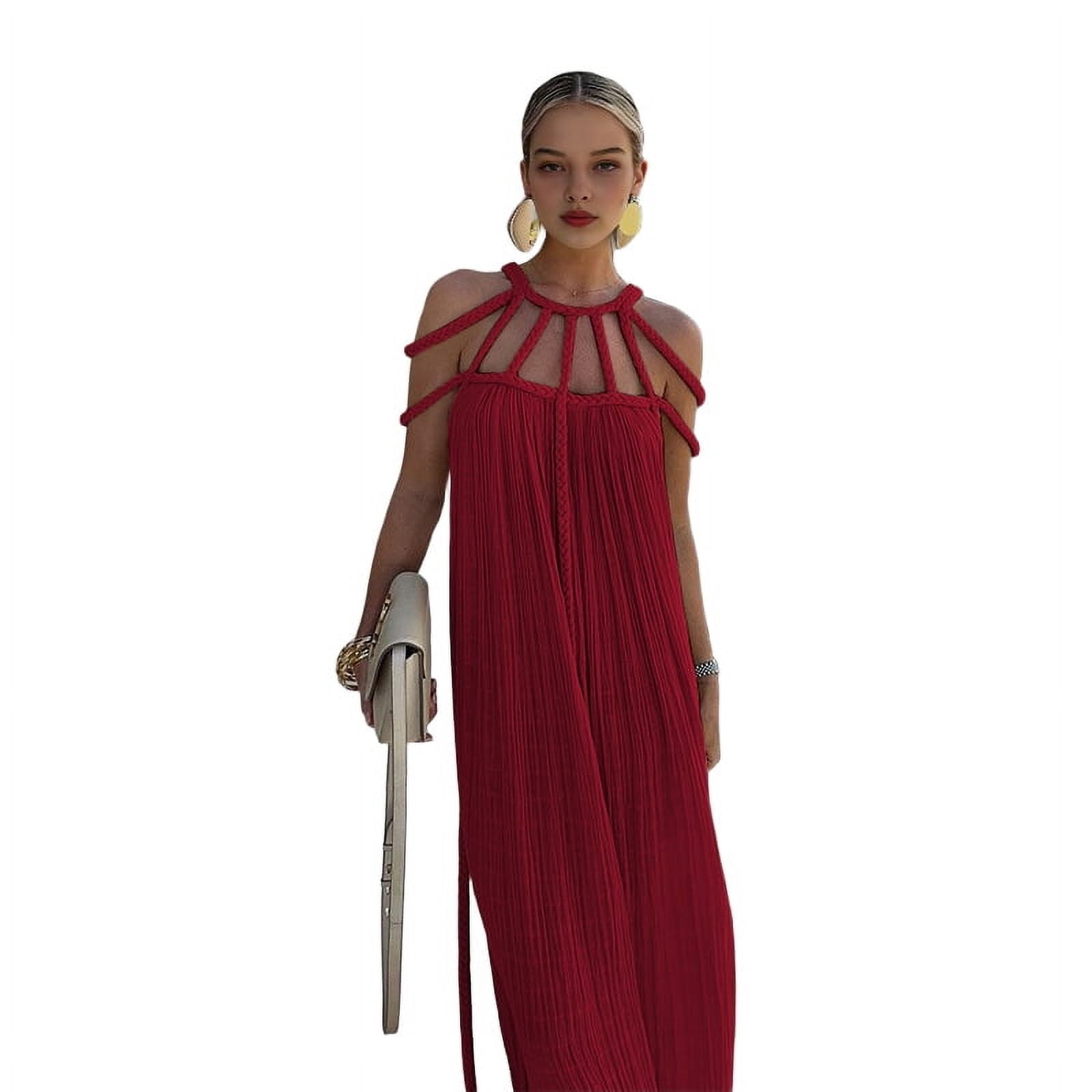 rope halter dress Spring Women Rope Strapless Sexy Halter Loose Vacation Beach Dress Women One Size / Army Green