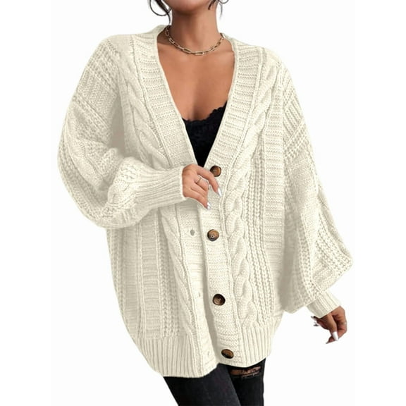 Women'S 2025 Autumn and Winter Oversized Cardigan Sweater Soft Knit Cardigan Front Button Coat Cream White L