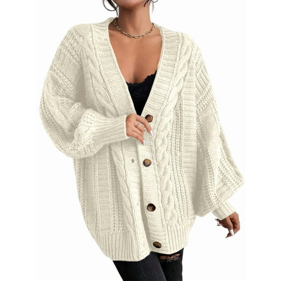 Women'S 2025 Autumn and Winter Oversized Cardigan Sweater Soft Knit Cardigan Front Button Coat Cream White L