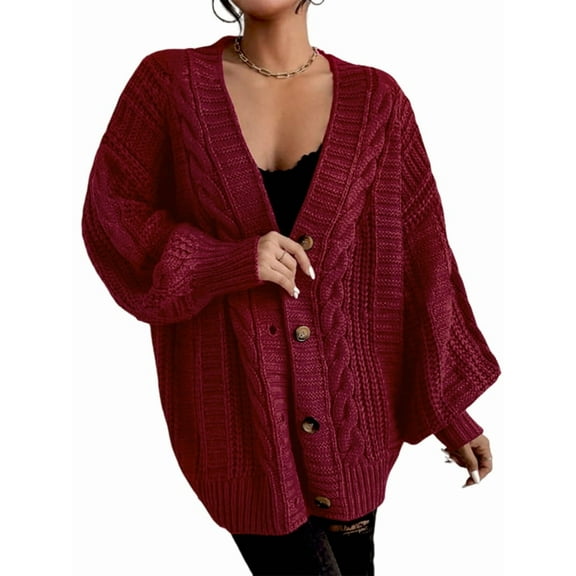 Women'S 2025 Autumn and Winter Oversized Cardigan Sweater Soft Knit Cardigan Front Button Coat Crimson Red M