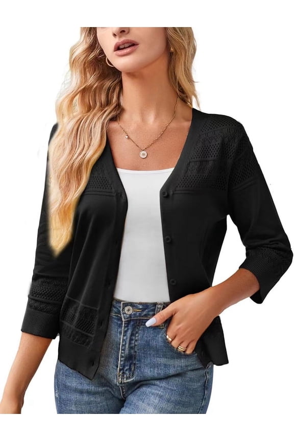 Women'S Cropped Cardigan 3/4 Sleeve Crochet Shrug Hollowed-Out Knit Sweater Tops Black L