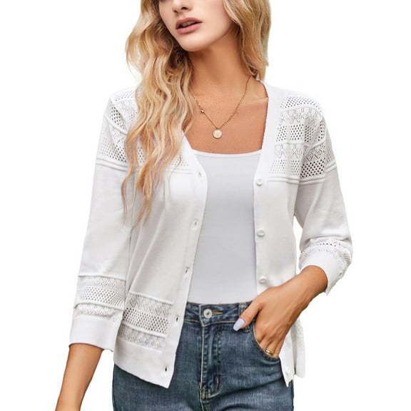Women'S 2025 Cropped Cardigan 3/4 Sleeve Crochet Shrug Hollowed-Out Knit Sweater Tops White M