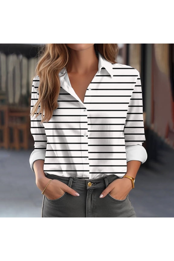 Women'S 2026 Cute Striped Stretchy Long Sleeve Shirts Soft Collared V Neck Button Up Blouses Tops White 4Xl