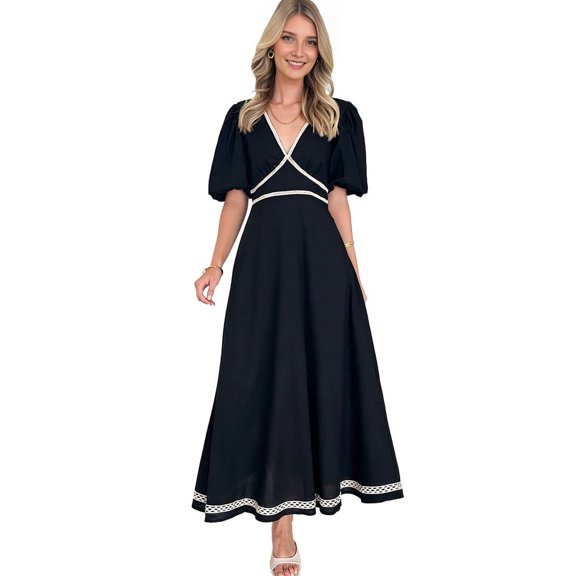 Women'S 2025 Elegant Formal Dress Casual V Neck Puff Sleeve A-Line Swing Flowy Maxi Dress Black S