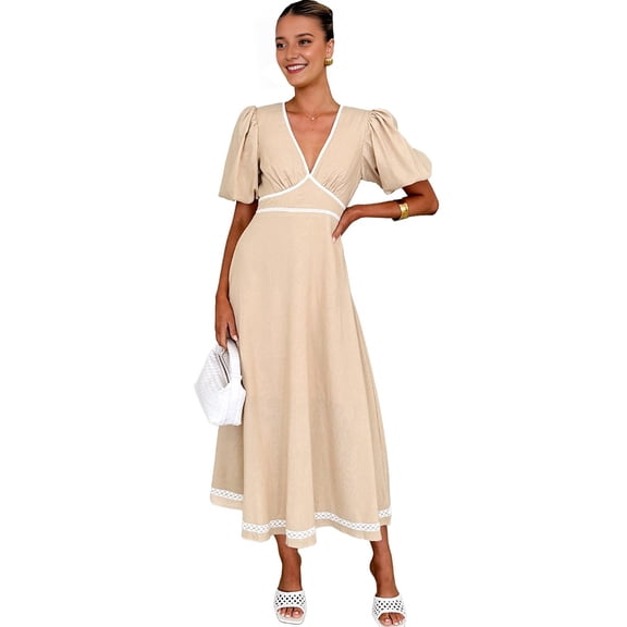 Women'S 2025 Elegant Formal Dress Casual V Neck Puff Sleeve A-Line Swing Flowy Maxi Dress  S
