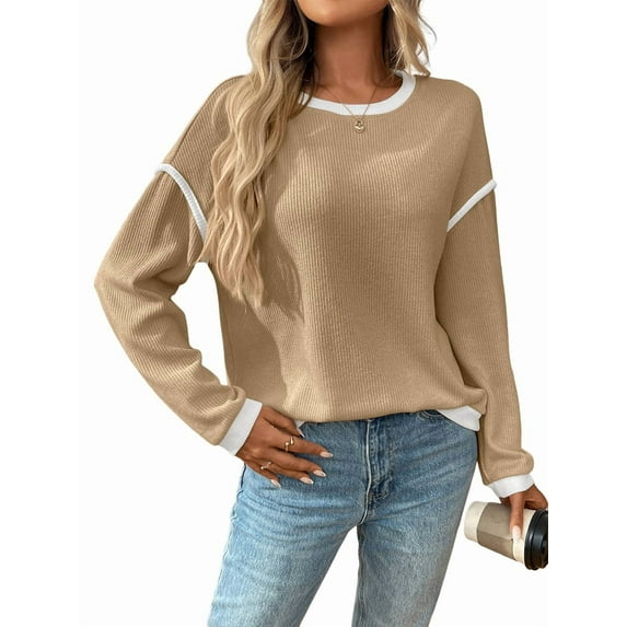 Women'S 2025 Fall Crew Neck Long Sleeve Oversized Color Block Sweaters Ribbed Knit Side Slit Pullover Khaki L